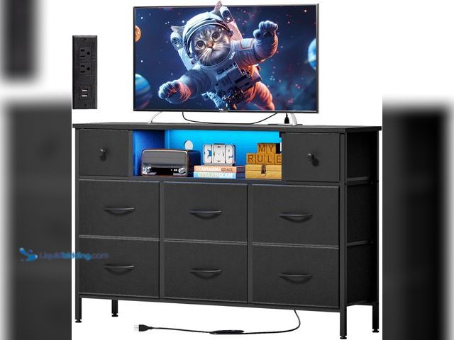 Lot 49-3514561 - Fixwal Dresser for Bedroom with Power Outlets and LED Lights, Black 55" TV Stand with 8 Drawers, Fab...