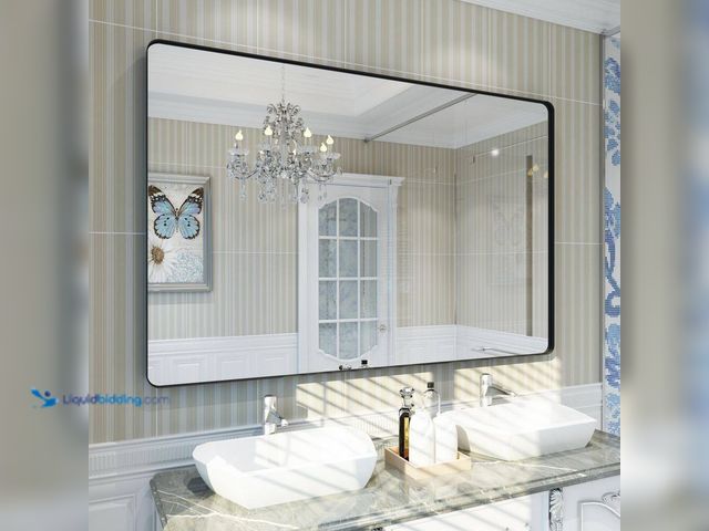 Lot 49-5508311 - 55 in. W x 36 in. H Large Rectangular Framed Wall Mounted Bathroom Vanity Mirror in Black. Model # R...