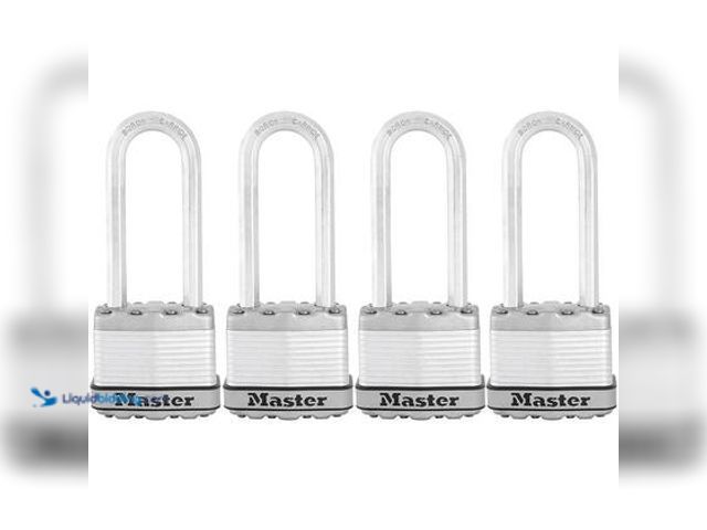 Lot 49-3565757 - Master Lock Heavy Duty Outdoor Padlock with Key, 1-3/4 in. Wide, 2-1/2 in. Shackle, 4 Pack. Model # ...