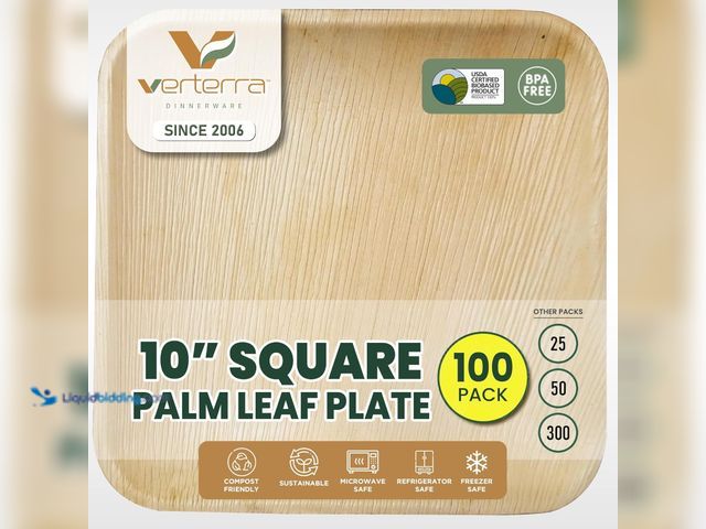 Lot 49-5416462 - Compostable 10″ Square Palm Leaf Dinner & Appetizer Plates (100-Pack) | Bamboo-Look, All-Natural, Ec...