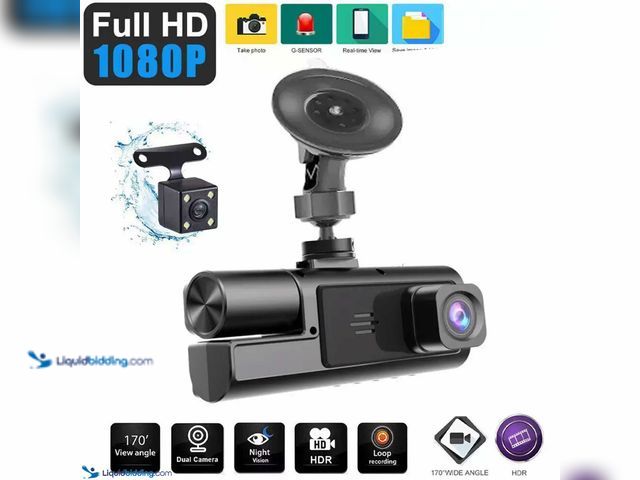 Lot 49-5388253 - Dual Lens HD DVR Dash Camera with IR Night Vision and Bonus Rearview Camera Included - NEW - Featuri...