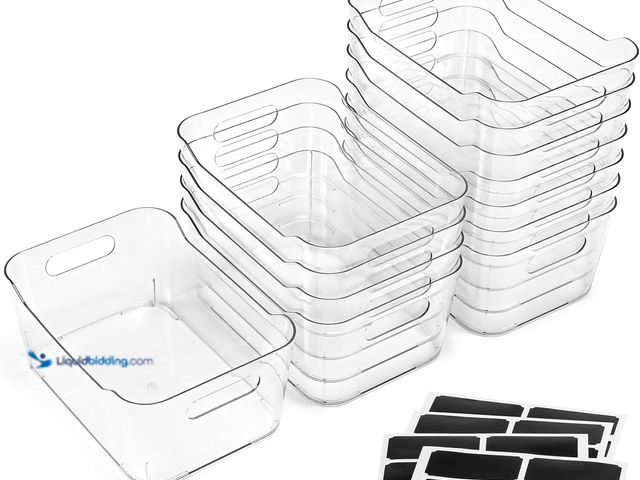 Lot 49-5437815 - 12 PACK Multi-Use Clear Plastic Storage Bins for Organizing w/ Labels - Home, Kitchen, Bathroom, Off...