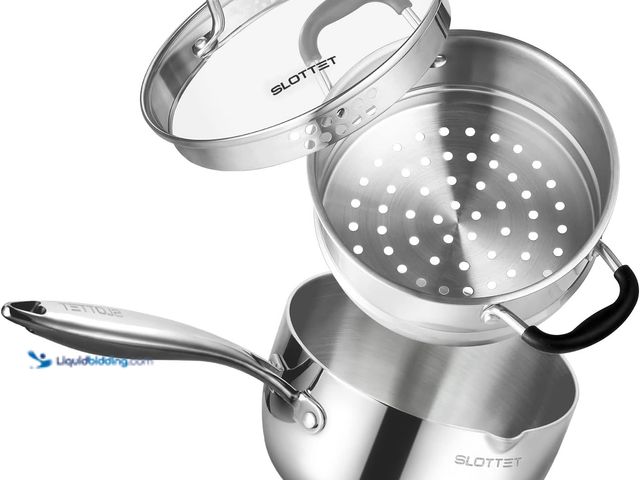 Lot 49-5410612 - 3.5 Quart Stainless Steel Saucepan with Steamer, Tri-Ply Full Body Small Multipurpose Pot with Pour ...