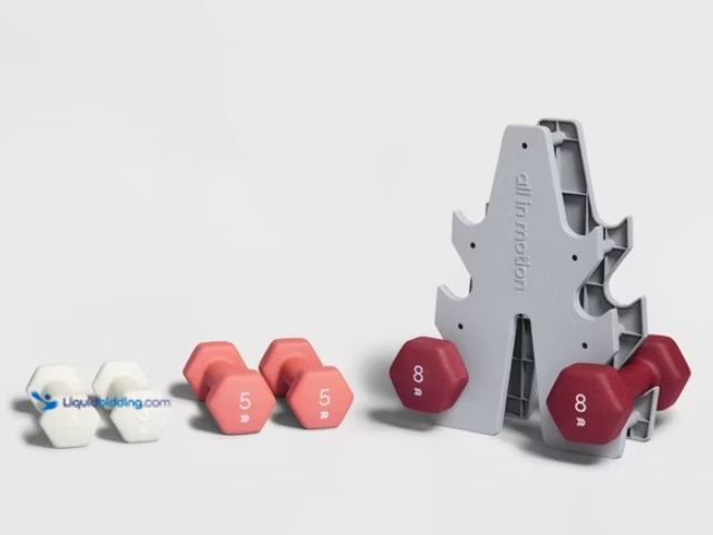 Lot 49-5447533 - Basic Hand Weight Set Pink/White/Magenta - All In Motion™: Iron Dumbbells with Rack. [Model:  082-02...