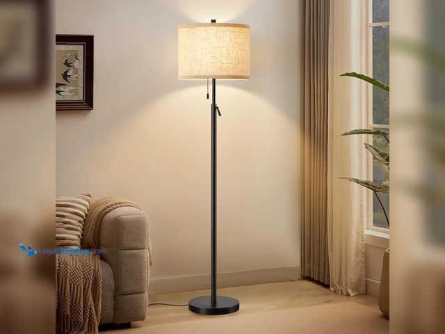 Lot 49-5437965 - GyroVu Black Floor Lamp, Height Adjustable Standing Lamp Tall Lamp with Fabric Lampshade&Pull Chain ...