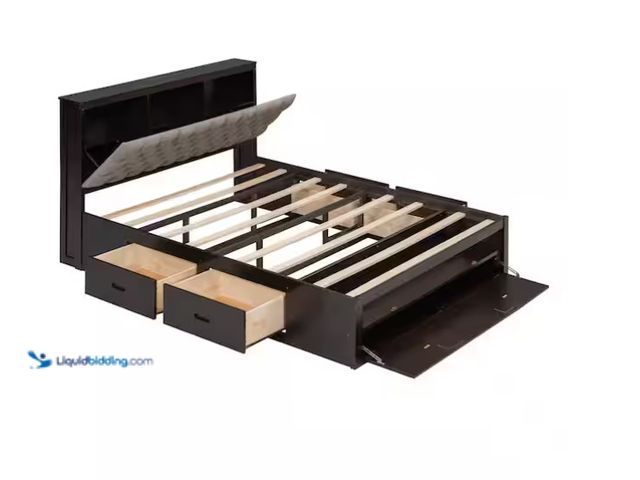 Lot 49-1592565 - Nest fair Espresso Brown Wood Frame Queen Platform Bed with Storage Headboard, Shoe Rack and Drawers...