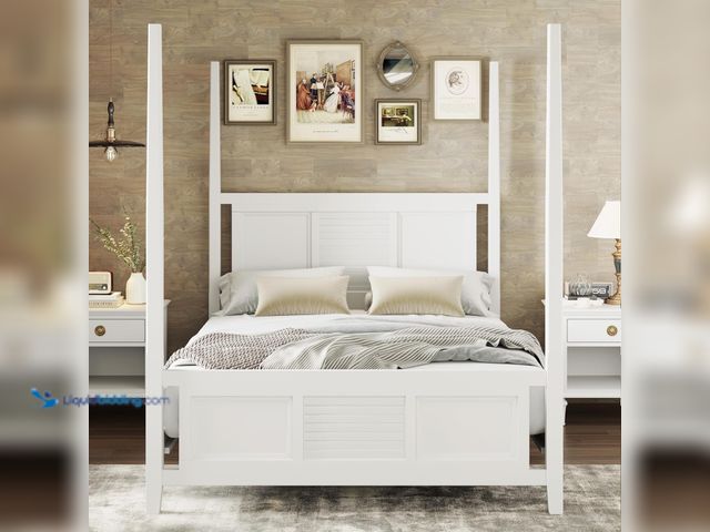 Lot 49-5414314 - Merax Traditional King Size Solid Wood Four Poster Bed with Horizontal Grille Design, White, Unused.