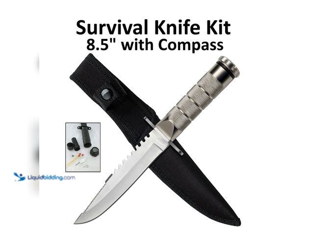 Lot 49-3430620 - Fixed Blade Knife with Emergency Survival Kit and Compass 8.5" Silver - NEW - This fixed blade survi...