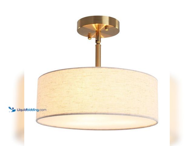 Lot 49-5414632 - 12.6 in. 3-Light Gold Farmhouse Drum Semi-Flush Mount Light with Linen Cover Model # R-ZJX00125-3-G ...