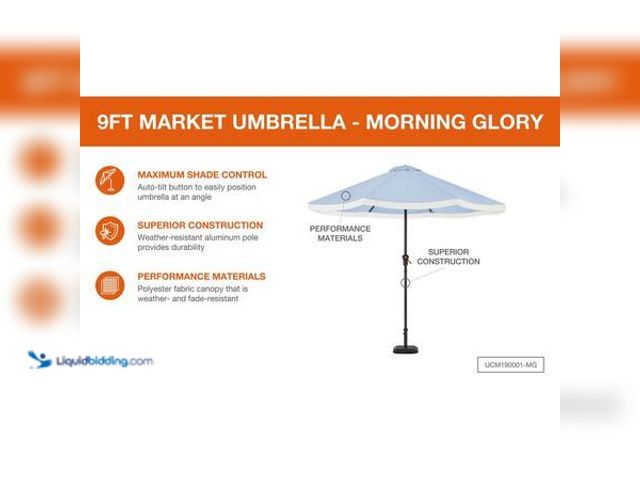 Lot 49-5554228 - Hampton Bay 9 ft. Aluminum Market Crank and Auto-Tilt Patio Umbrella in Morning Glory Blue with Frin...