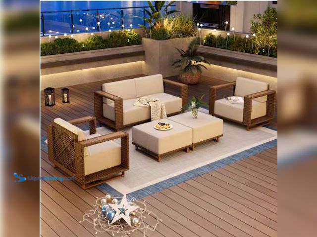 Lot 49-1597875 - PHI VILLA Brown Rattan Wicker 6 Seat 6-Piece Steel Outdoor Patio Conversation Set with Beige Cushion...
