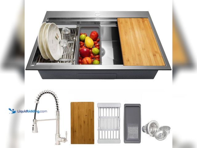 Lot 49-5413636 - AKDY
Handmade All-in-One Topmount Stainless Steel 33 in. x 22 in. Single Bowl Kitchen Sink w/ Sprin...