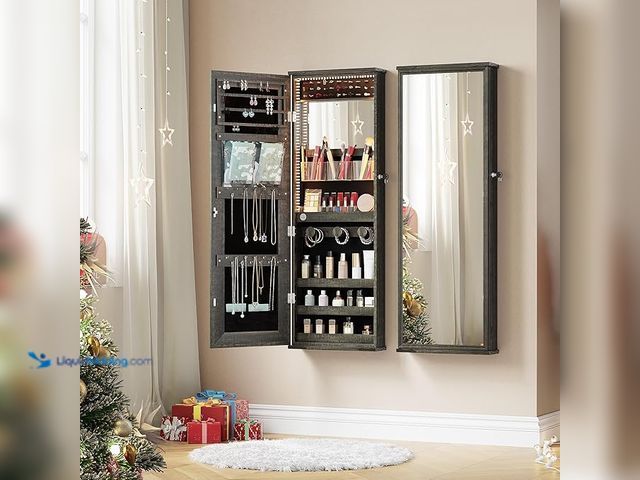 Lot 49-3472655 - HWB Mirror Jewelry Cabinet, Hanging Jewelry Armorie with 4 Color LED Interior Mirror, Wall-Mount Jew...