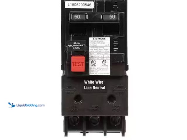 Lot 49-5555459 - Siemens
50 Amp Double Pole Type QE Ground Fault Equipment Protection Circuit Breaker, Unused