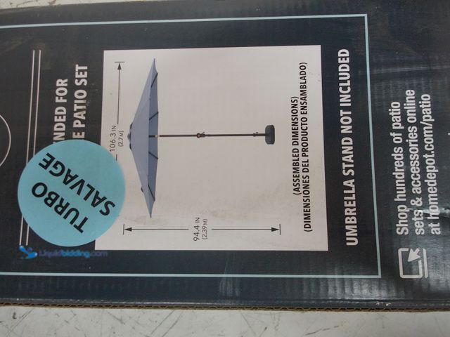 Lot 49-1629200 - Hampton Bay 9 ft. Aluminum Market Crank and Auto-Tilt Patio Umbrella in Lake Blue, Model # UCM190001...