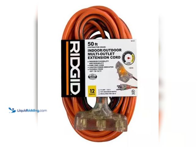 Lot 49-1549439 - RIDGID 50 ft. 12/3 Heavy Duty Indoor/Outdoor Extension Cord with Tritap Lighted End, Orange/Grey, Mo...