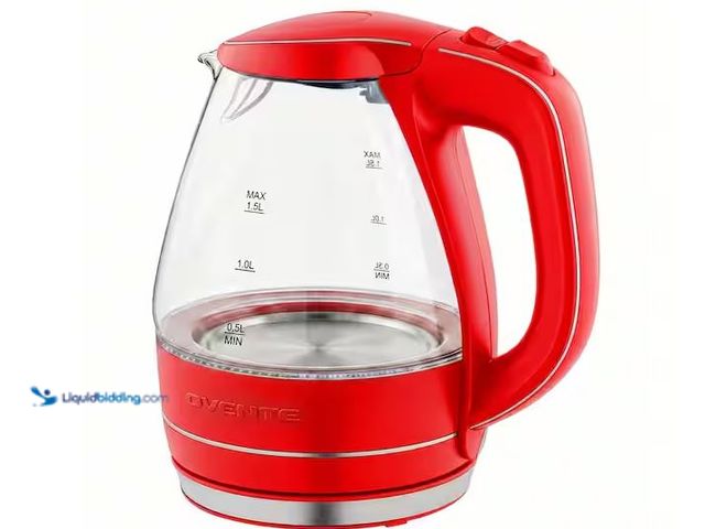 Lot 49-5573580 - OVENTE
Illuminated 6.5-Cup Red Electric Kettle with Filter, Fast Heating and Auto-Shut Off, Unused