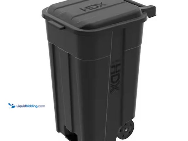 Lot 49-5555485 - HDX
45 gal. Black Heavy Duty Outdoor Trash Can with Wheels and Attached Lid, unused with lid and 3 ...