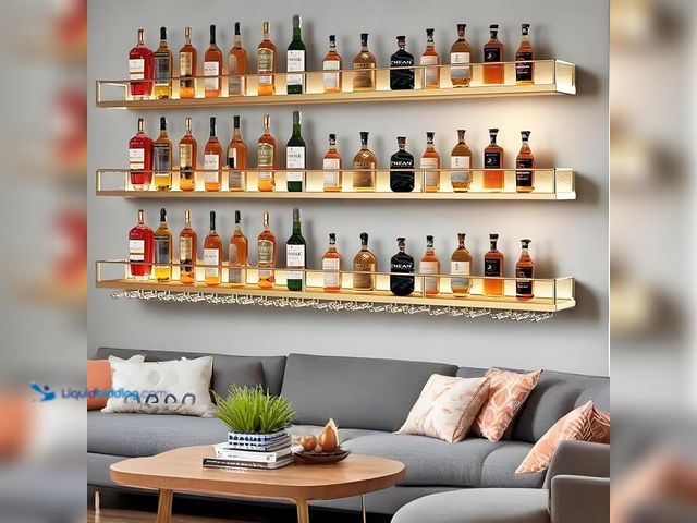 Lot 49-3532244 - 78.7in Wall-Mounted Metal Wine Rack with LED Lights 3-Tier Floating Bar Shelves with Wine Glass Rack...