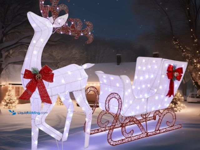 Lot 49-1519102 - Outdoor Yard Decoration Reindeer and Sleigh, 200 led Lighted White Christmas Reindeer Sleigh, Reinde...