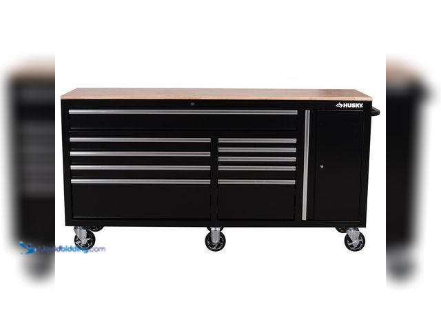 Lot 49-5453657 - Husky Standard Duty 72 in. W x 20 in. D 10-Drawer Gloss Black Mobile Workbench Cabinet with Solid Wo...