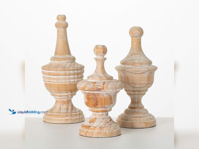 Lot 49-1514981 - Sullivans Natural Wood White Washed Wooden Finial Decor Figure Statues, Set of 3, Home Decor for Liv...
