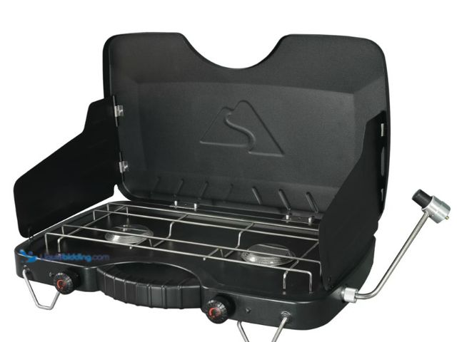 Lot 49-1625834 - Ozark Trail 2-Burner Propane Gas Camping Stove, Black, Model # GCT2208WB, Unused, Unable to test.  R...