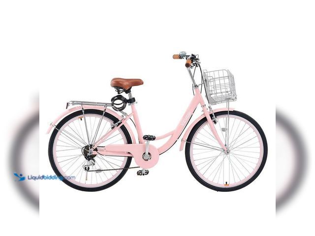 Lot 49-2021793 - VEVOR Cruiser Bike, 7-Speed, 26-in. Pink Beach Cruiser Bike with Large Capacity Basket and Rear Rack...