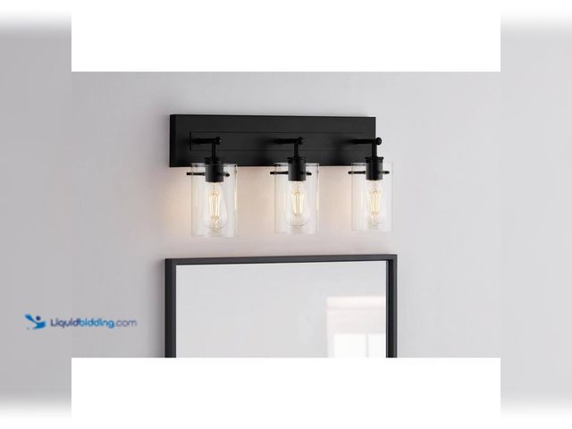 Lot 49-3564065 - Regan 21 in. 3-Light Matte Black Bathroom Vanity Light with Clear Glass Shades (unable to test) Unus...
