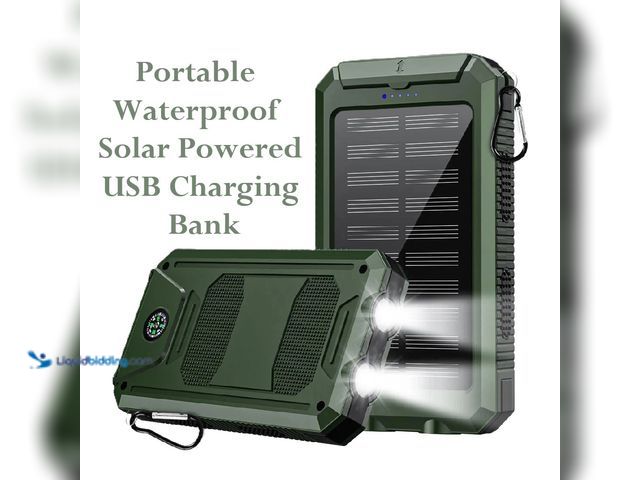 Lot 49-1616198 - Portable Waterproof Solar Powered USB Charging Bank with Dual Output, Compass and Dual LED Flashligh...