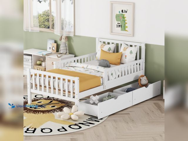 Lot 49-5485286 - Merax Twin Size Kids Bed Frame with Drawers, White Wood Low Platform Bed Twin with Headboard and Fen...