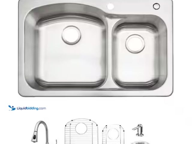 Lot 49-1631056 - Glacier Bay 33 in. Drop-In 60/40 Double Bowl 18 Gauge Stainless Steel Kitchen Sink with Pull-Down Fa...