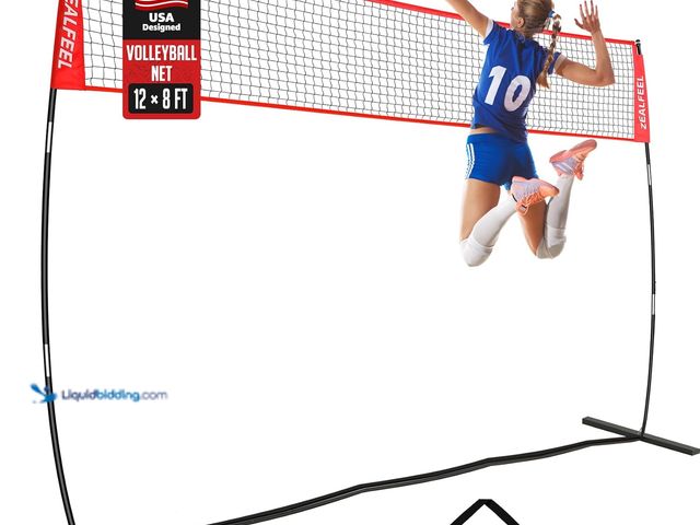 Lot 49-3532073 - Volleyball Net, 12FT Training Set with 3-Level Adjustable Height (8'/7.4'/6.6'), Freestanding Portab...