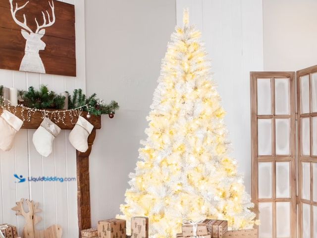Lot 49-1546241 - Ktaxon 8ft Pre-Lit White Christmas Tree with Remote Control, Full Prelighted Xmas Tree with 670 LED ...