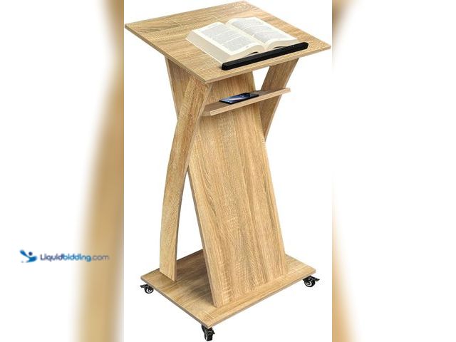 Lot 49-5542670 - Wooden Podium Stand with Lockable Wheels, Mobile Lectern Pulpit with Storage Shelf for Church, Class...