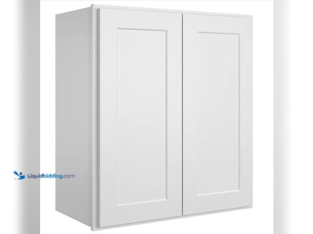 Lot 49-1516485 - ROOMTEC Wood Wall-Mounted Cabinet, Bathroom Medicine Cabinet with Adjustable Shelves and 2 Soft-Clos...