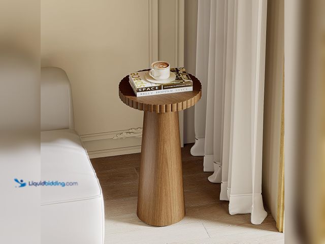 Lot 49-3480405 - Zvivofla Round Pedestal Side Table, Fluted Wooden End Table for Living Room, Rustic Accent Drink Tab...