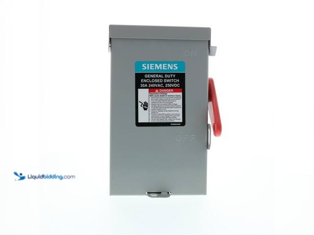 Lot 49-5452654 - Siemens
General Duty 30 Amp 2-Pole 3-Wire 240-Volt Fusible Indoor Safety Switch RBPU SKU # 10045068...