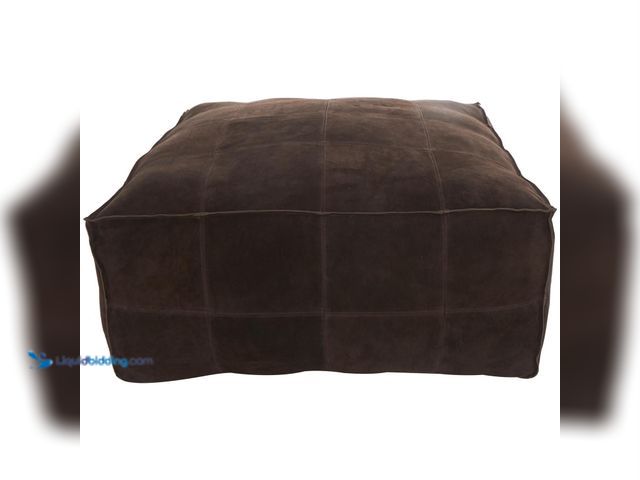 Lot 49-1601724 - UMA Dark Brown Leather Low Profile Square Room Pouf with Patchwork Design, 35" x 35" x 19" Model #74...