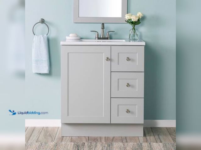 Lot 49-2021012 - Glacier Bay Bannister 31 in. Single Sink Pearl Gray Freestanding Bath Vanity with Granite-Look Color...