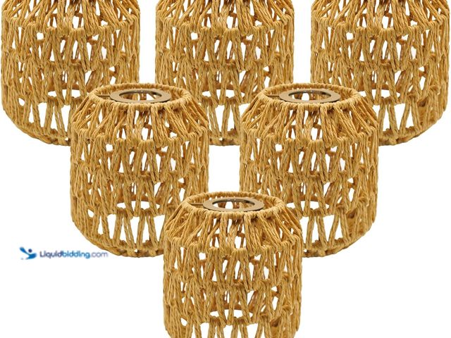 Lot 49-5437346 - 6-Pack Boho Rattan Lamp Shades - Handwoven Natural Wicker Lampshades for Pendant Lights, Chandeliers...