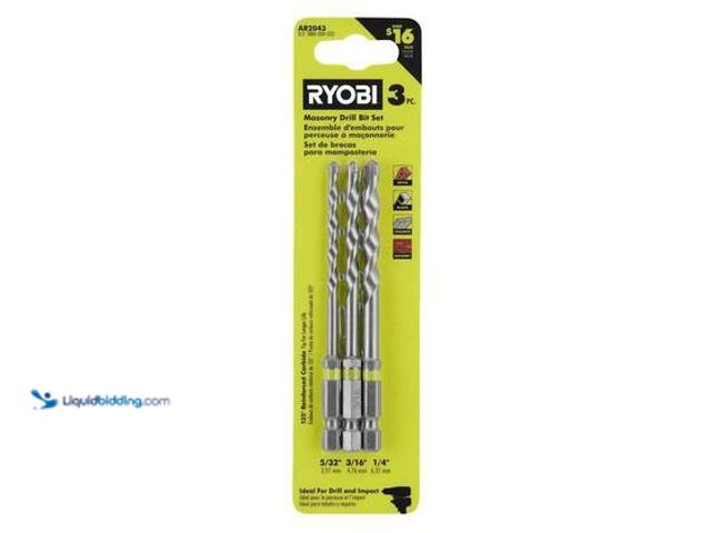 Lot 49-3565761 - RYOBI High Speed Steel Impact Rated Masonry Drill Bit Set (3-Piece). Model # AR2043. unused