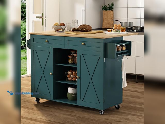 Lot 49-5405745 - HLR Kitchen Island On Wheels, Dark Green Rolling Kitchen Islands Cart with Drop Leaf Countertop, Bar...
