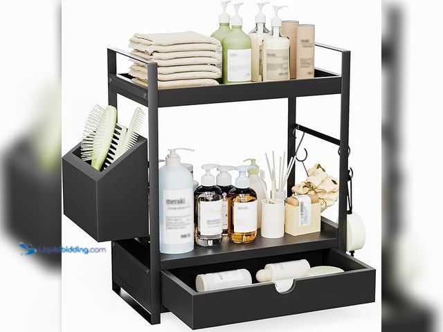 Lot 49-3528107 - 2-Tier Bathroom Counter Organizer with Drawer and Basket, Wood Countertop Organizer for Storage, Ski...