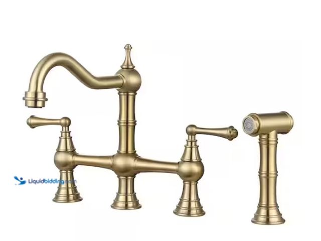 Lot 49-1515903 - WOWOW Classic Double Handle Bridge Kitchen Faucet with Side Sprayer in Brushed Gold, Model # 23115A1...