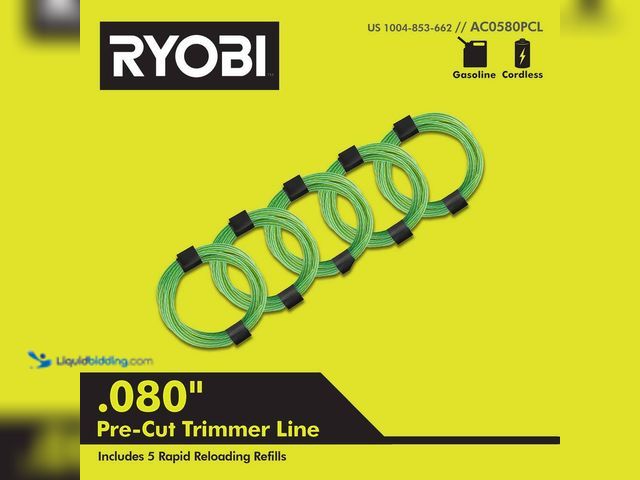 Lot 49-5552051 - RYOBI
0.080 in. x 16 ft. Pre-Cut Spiral Line (5-Pack). Model # AC0580PCLA. New