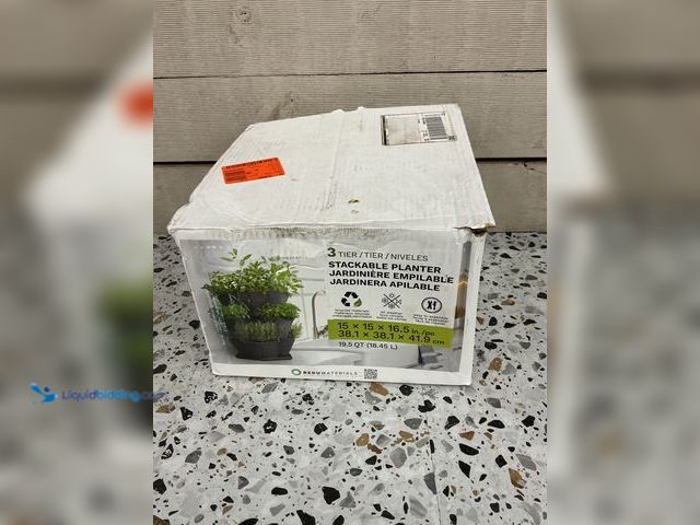 Lot 49-5485825 - QTY 2 - 3 Tier stackable planter. Black plastic. 19.5 QT. 15X15X16.5 IN. Unused