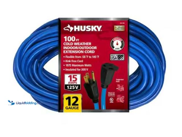 Lot 49-1549382 - Husky 100 ft. 12/3 Medium Duty Cold Weather Indoor/Outdoor Extension Cord, Blue, Model # 85100HY, Sl...