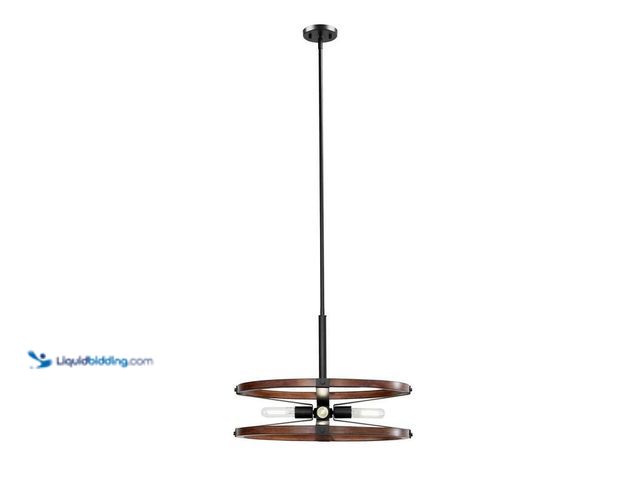 Lot 49-5406850 - Hampton Bay Rockland 60-Watt 4-Light Matte Black Pendant with Painted Wood Accent Shade, Model#1006-...