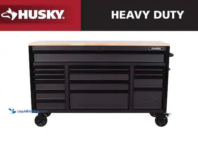 Lot 49-1630855 - Husky Heavy Duty 61 in. W x 22 in. D 15-Drawer Matte Black Mobile Workbench Cabinet with Solid Wood ...